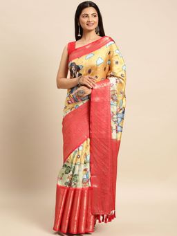 Vastranand - Kalamkari Floral Digital Zari Woven Banarasi Silk Blend Saree with Unstitched Blouse