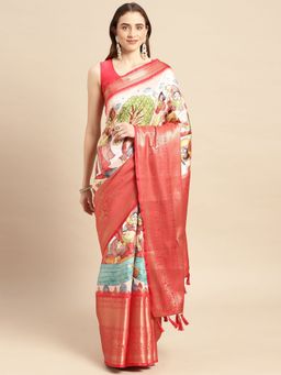 Vastranand - Kalamkari Floral Digital Zari Woven Banarasi Silk Blend Saree with Unstitched Blouse