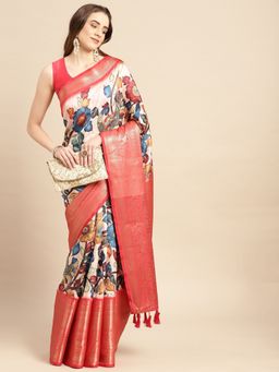 Vastranand - Kalamkari Floral Digital Zari Woven Banarasi Silk Blend Saree with Unstitched Blouse