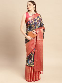 Vastranand - Kalamkari Floral Digital Zari Woven Banarasi Silk Blend Saree with Unstitched Blouse