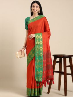 Vastranand - Paisley Butti Zari Woven Design Kanjeevaram Banarasi Saree with Unstitched Blouse