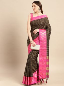 Vastranand - Silk Cotton Blend Checks Patterns Designer Saree with Unstitched Blouse