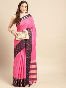 Vastranand - Silk Cotton Blend Checks Patterns Designer Saree with Unstitched Blouse
