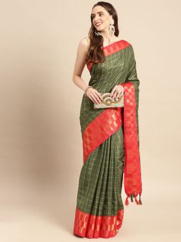 Vastranand - Silk Cotton Blend Checks Patterns Designer Saree with Unstitched Blouse