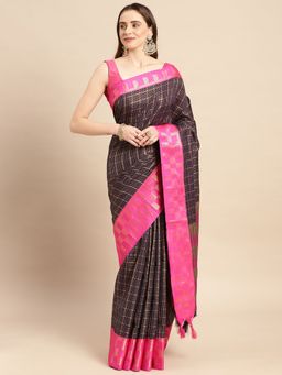 Vastranand - Silk Cotton Blend Checks Patterns Designer Saree with Unstitched Blouse