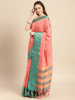 Vastranand - Silk Cotton Blend Checks Patterns Designer Saree with Unstitched Blouse