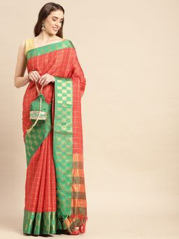 Vastranand - Silk Cotton Blend Checks Patterns Designer Saree with Unstitched Blouse