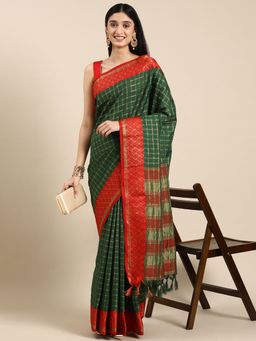Vastranand - Checks Pattern Zari Woven Design Kanjeevaram Banarasi Saree with Unstitched Blouse