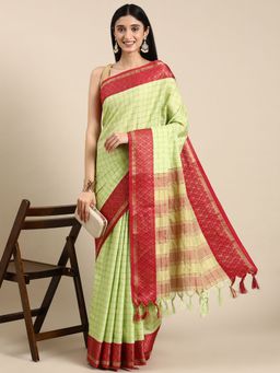 Vastranand - Checks Pattern Zari Woven Design Kanjeevaram Banarasi Saree with Unstitched Blouse