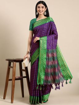 Vastranand - Checks Pattern Zari Woven Design Kanjeevaram Banarasi Saree with Unstitched Blouse