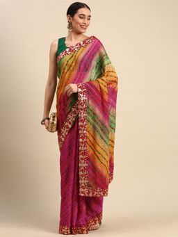 Vastranand - Zari Embroidered Border Bandhani Satin Saree- Pink with Unstitched Blouse