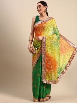 Vastranand - Zari Embroidered Border Bandhani Satin Saree- Green with Unstitched Blouse