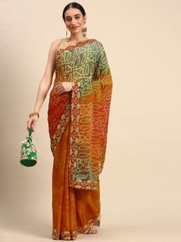 Vastranand - Zari Embroidered Border Bandhani Satin Saree- Mustard with Unstitched Blouse