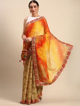 Vastranand - Zari Embroidered Border Bandhani Satin Saree- Beige with Unstitched Blouse