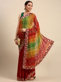 Vastranand - Zari Embroidered Border Bandhani Satin Saree- Red with Unstitched Blouse
