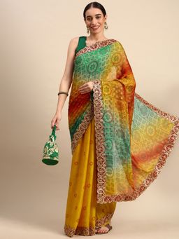 Vastranand - Zari Embroidered Border Bandhani Satin Saree-Yellow with Unstitched Blouse