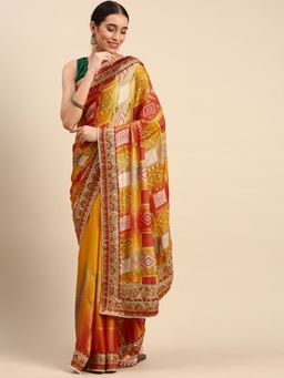 Vastranand - Embroidered Bandhani Satin Saree- Yellow with Unstitched Blouse