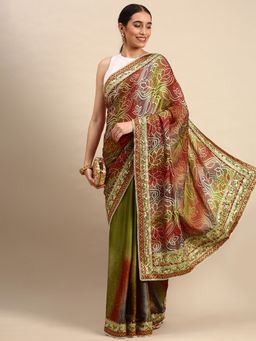 Vastranand - Embroidered Floral Bandhani Satin Saree- Green with Unstitched Blouse