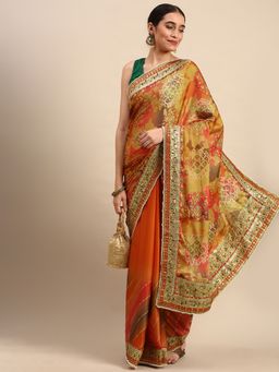 Vastranand - Embroidered Bandhani Satin Saree- Mustard with Unstitched Blouse