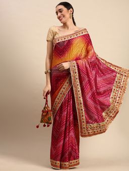 Vastranand - Embroidered Bandhani Satin Saree- Maroon with Unstitched Blouse