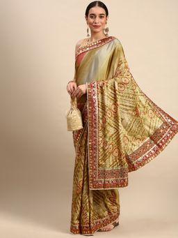 Vastranand - Embroidered Bandhani Satin Saree- Beige with Unstitched Blouse