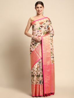 Vastranand - Floral Zari Woven Design Organza Banarasi Saree with Unstitched Blouse