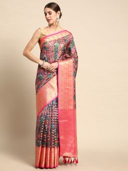 Vastranand - Floral Zari Woven Design Organza Banarasi Saree with Unstitched Blouse