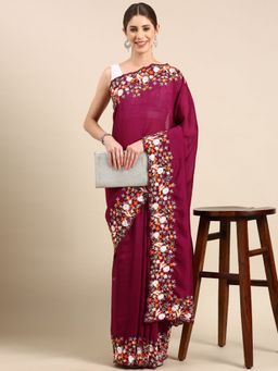 Vastranand - Floral Ethnic Motif Embroidered Border Poly Georgette Saree with Unstitched Blouse