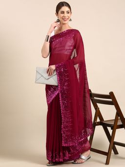 Vastranand - Embellished Sequinned Designer Party Wear Poly Georgette Saree with Unstitched Blouse