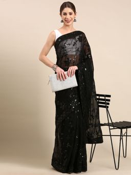 Vastranand - Floral Sequinned Designer Party Wear Poly Georgette Saree with Unstitched Blouse