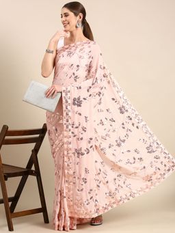 Vastranand - Floral Sequinned Designer Party Wear Poly Georgette Saree with Unstitched Blouse