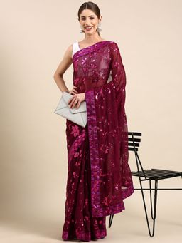 Vastranand - Floral Sequinned Designer Party Wear Poly Georgette Saree with Unstitched Blouse