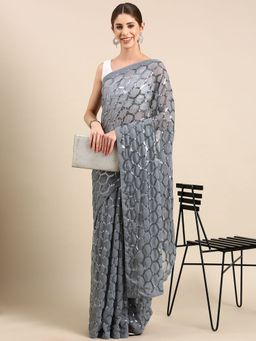 Vastranand - Geometric Sequinned Designer Party Wear Poly Georgette Saree with Unstitched Blouse