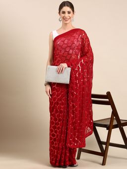 Vastranand - Geometric Sequinned Designer Party Wear Poly Georgette Saree with Unstitched Blouse