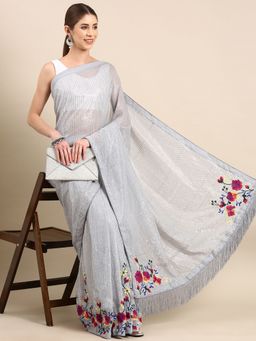 Vastranand - Embellished Sequinned Designer Poly Georgette Saree- Grey with Unstitched Blouse