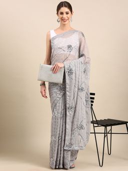 Vastranand - Embellished Sequinned Designer Poly Georgette Sari with Unstitched Blouse