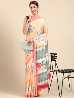 Vastranand - Floral Digital Designer Satin Saree- Peach with Unstitched Blouse