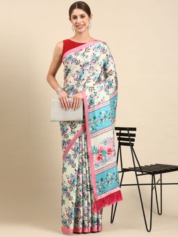 Vastranand - Floral Digital Designer Satin Saree- Cream with Unstitched Blouse