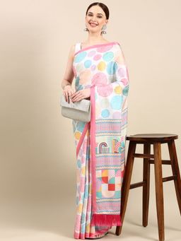 Vastranand - Geometric Digital Multicolor Satin Saree With Tassel Border with Unstitched Blouse