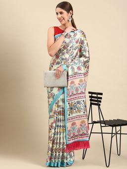 Vastranand - Floral Digital Designer Satin Saree- Lime with Unstitched Blouse