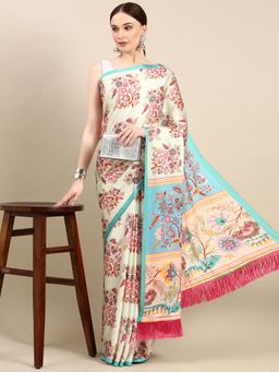 Vastranand - Floral Digital Designer Satin Saree-Teal with Unstitched Blouse