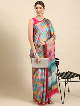 Vastranand - Stripe Pattern Digital Designer Satin Saree- Multi with Unstitched Blouse