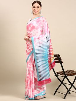 Vastranand - Tie & Dye Digital Designer Satin Saree-Pink with Unstitched Blouse