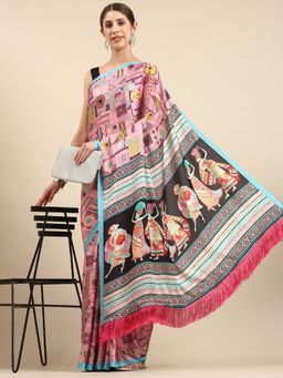 Vastranand - Abstract Digital Designer Satin Saree- Pink with Unstitched Blouse