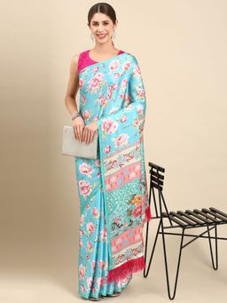 Vastranand - Floral Digital Designer Satin Saree- Turquoise with Unstitched Blouse