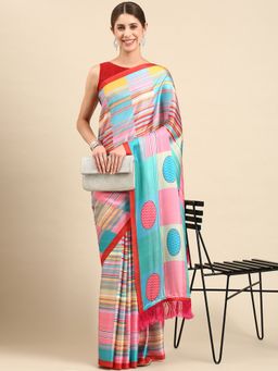 Vastranand - Geometric Digital Multicolor Satin Saree with Unstitched Blouse