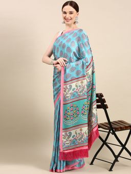 Vastranand - Floral Digital Designer Satin Saree- Blue with Unstitched Blouse