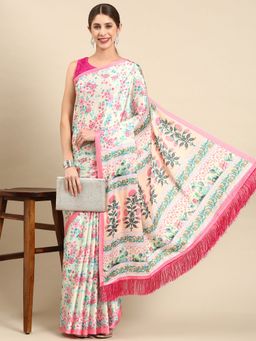 Vastranand - Floral Digital Designer Satin Saree- Green with Unstitched Blouse