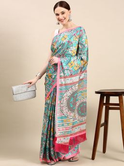 Vastranand - Floral Digital Designer Satin Saree-Teal with Unstitched Blouse
