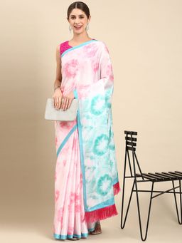 Vastranand - Tie & Dye Digital Designer Satin Saree |Pink-Sky| with Unstitched Blouse